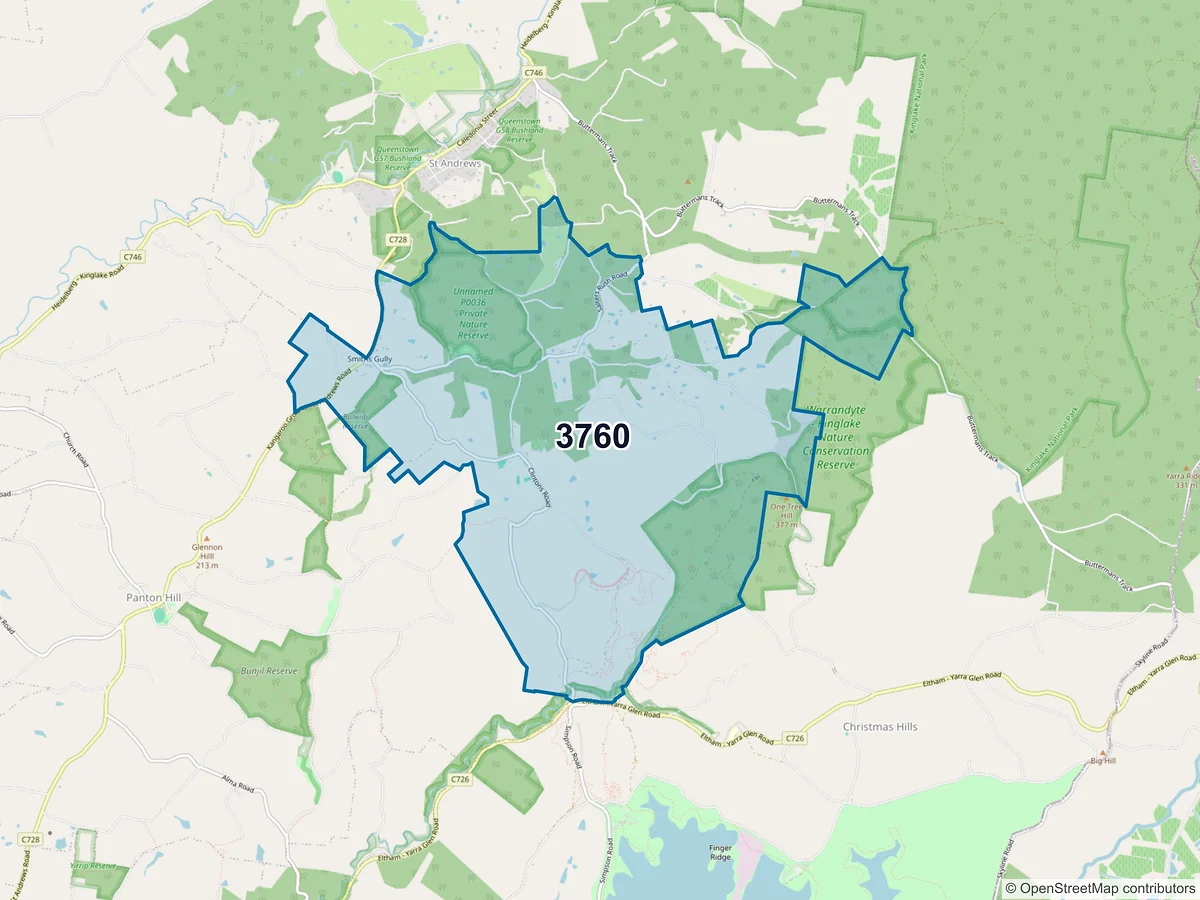 Map of postcode 3760 — Smiths Gully, VIC, Australia