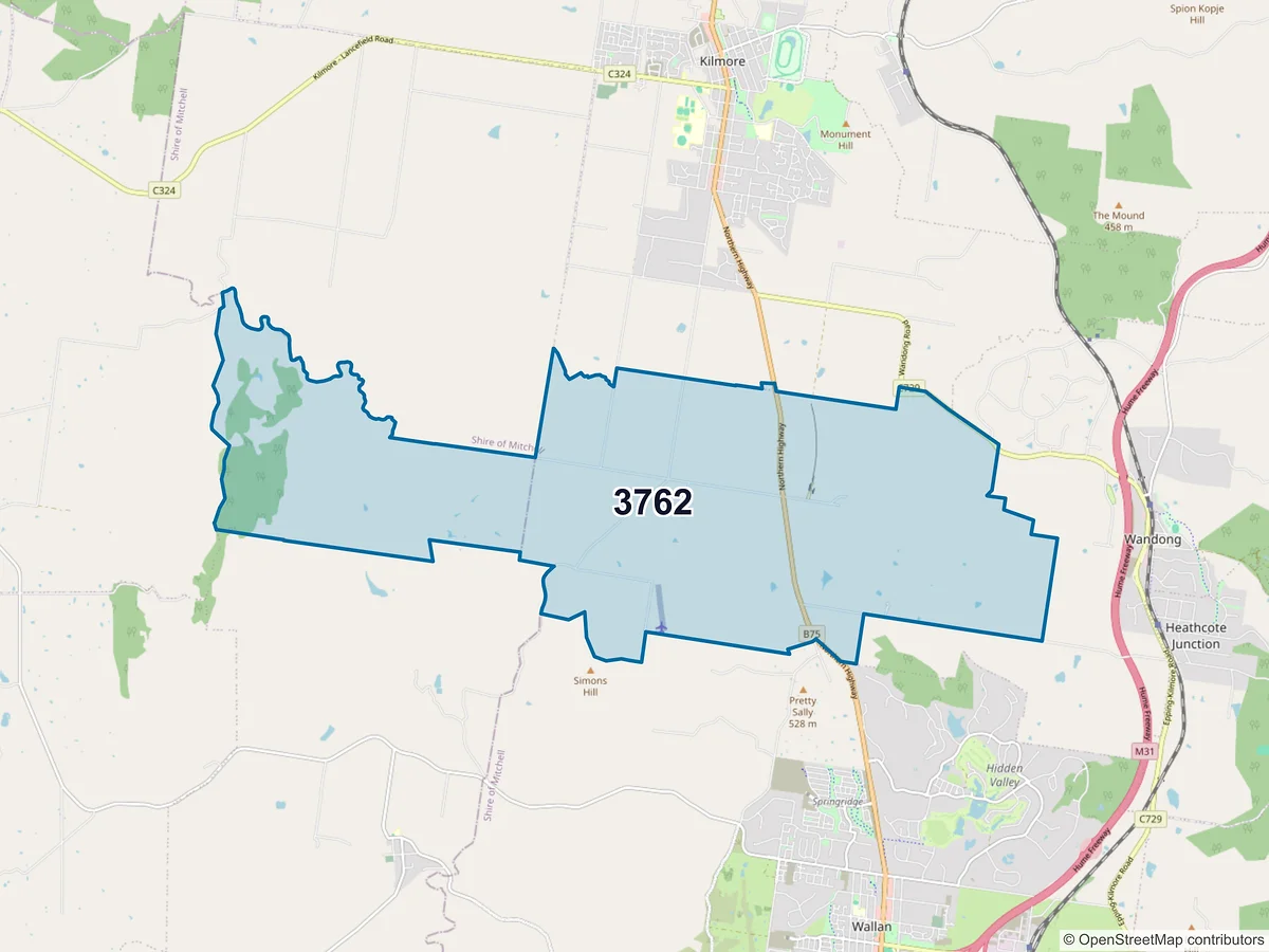 Map of postcode 3762 — Bylands, VIC, Australia