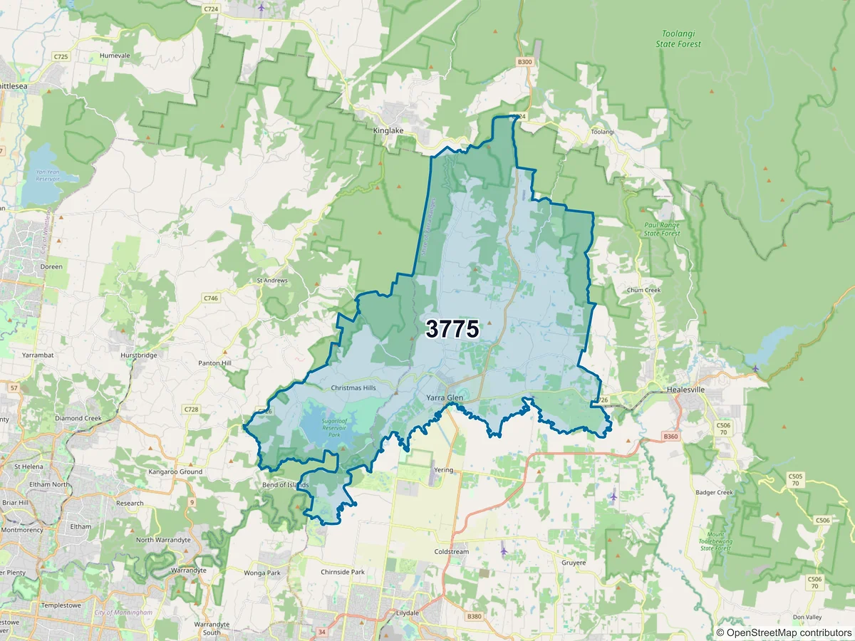 Map of postcode 3775 — Yarra Glen, VIC, Australia