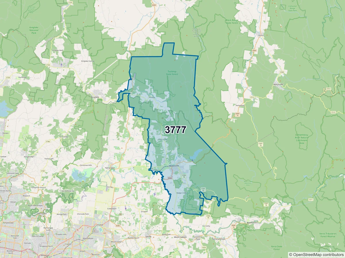 Map of postcode 3777 — Healesville, VIC, Australia