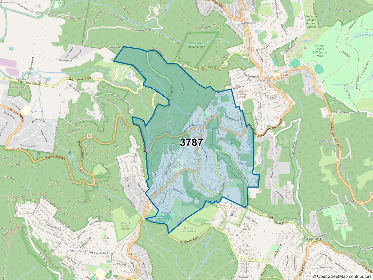 Map of postcode 3787 — Sassafras, VIC, Australia