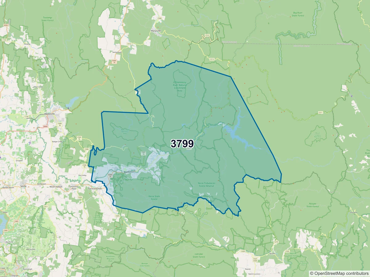 Map of postcode 3799 — Warburton, VIC, Australia