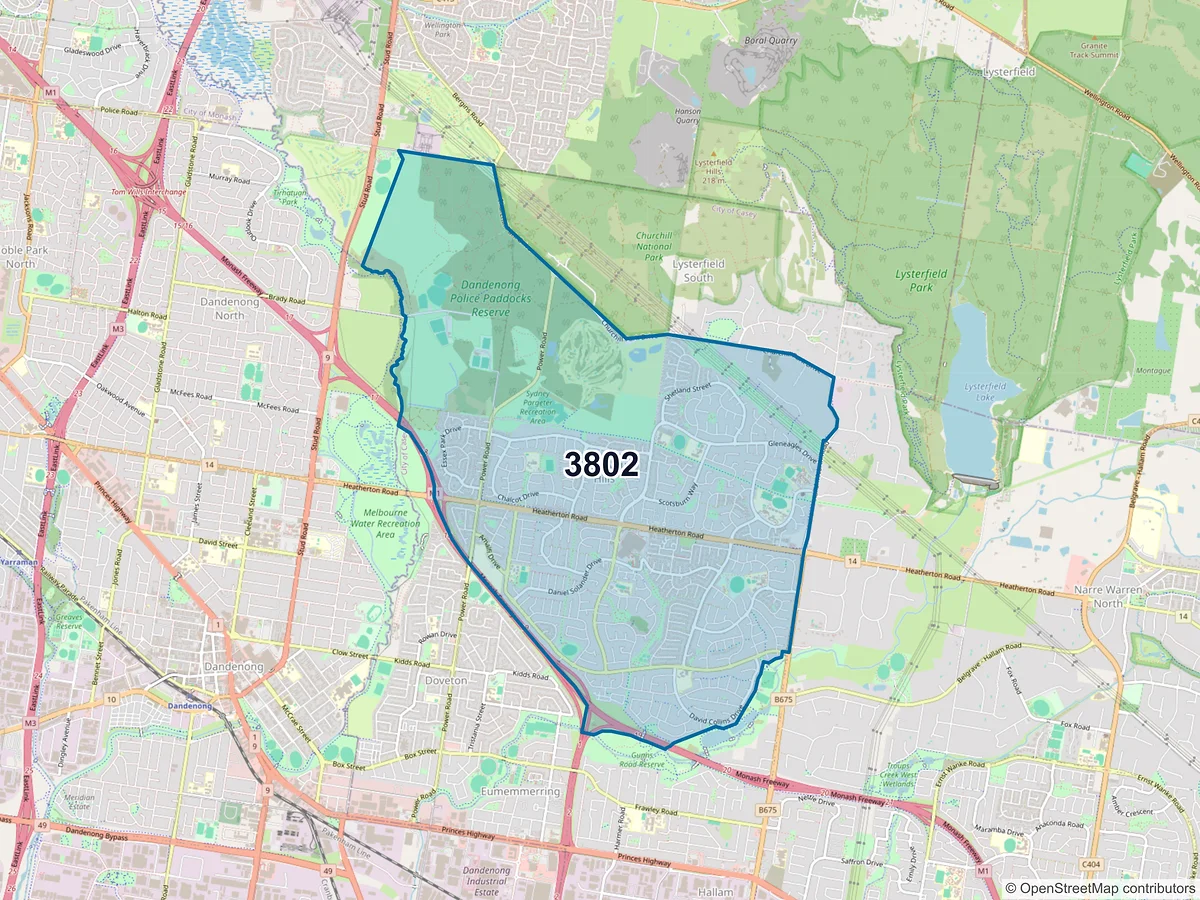 Map of postcode 3802 — Endeavour Hills, VIC, Australia