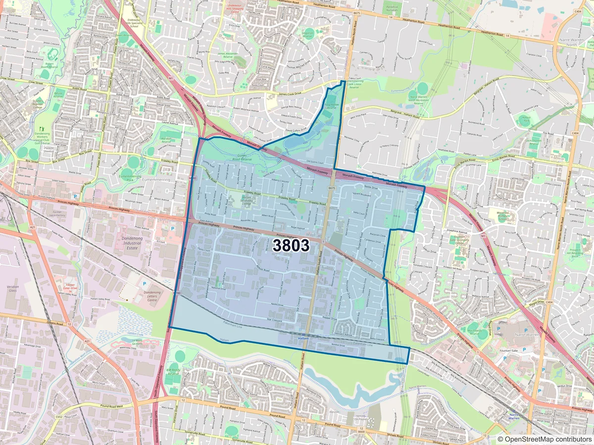 Map of postcode 3803 — Hallam, VIC, Australia