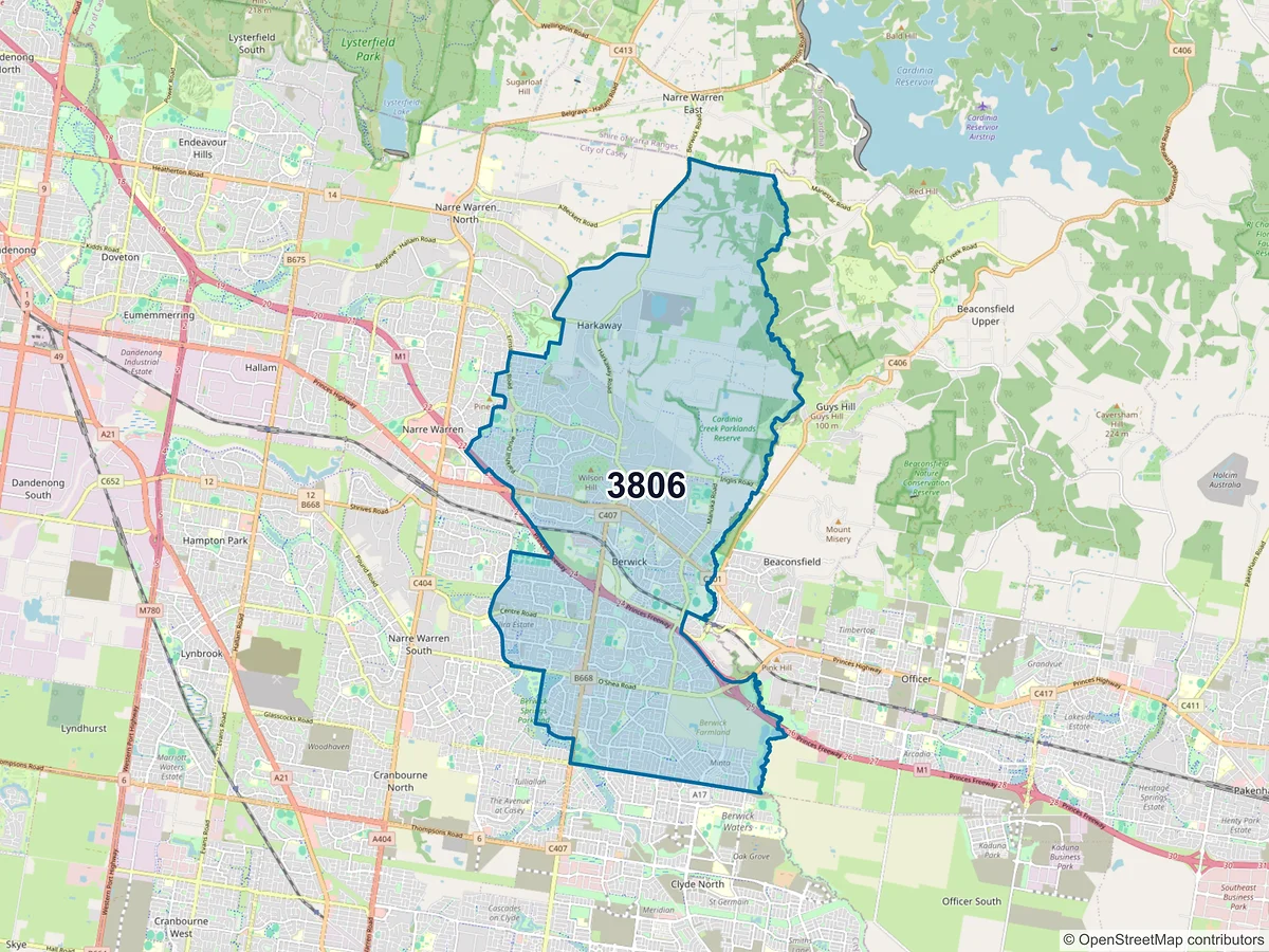 Map of postcode 3806 — Berwick, VIC, Australia