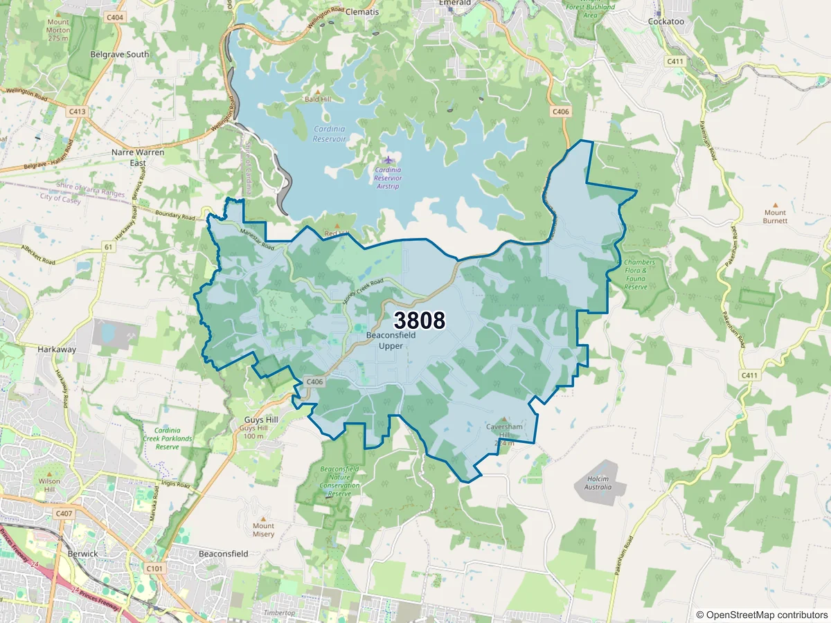 Map of postcode 3808 — Beaconsfield Upper, VIC, Australia