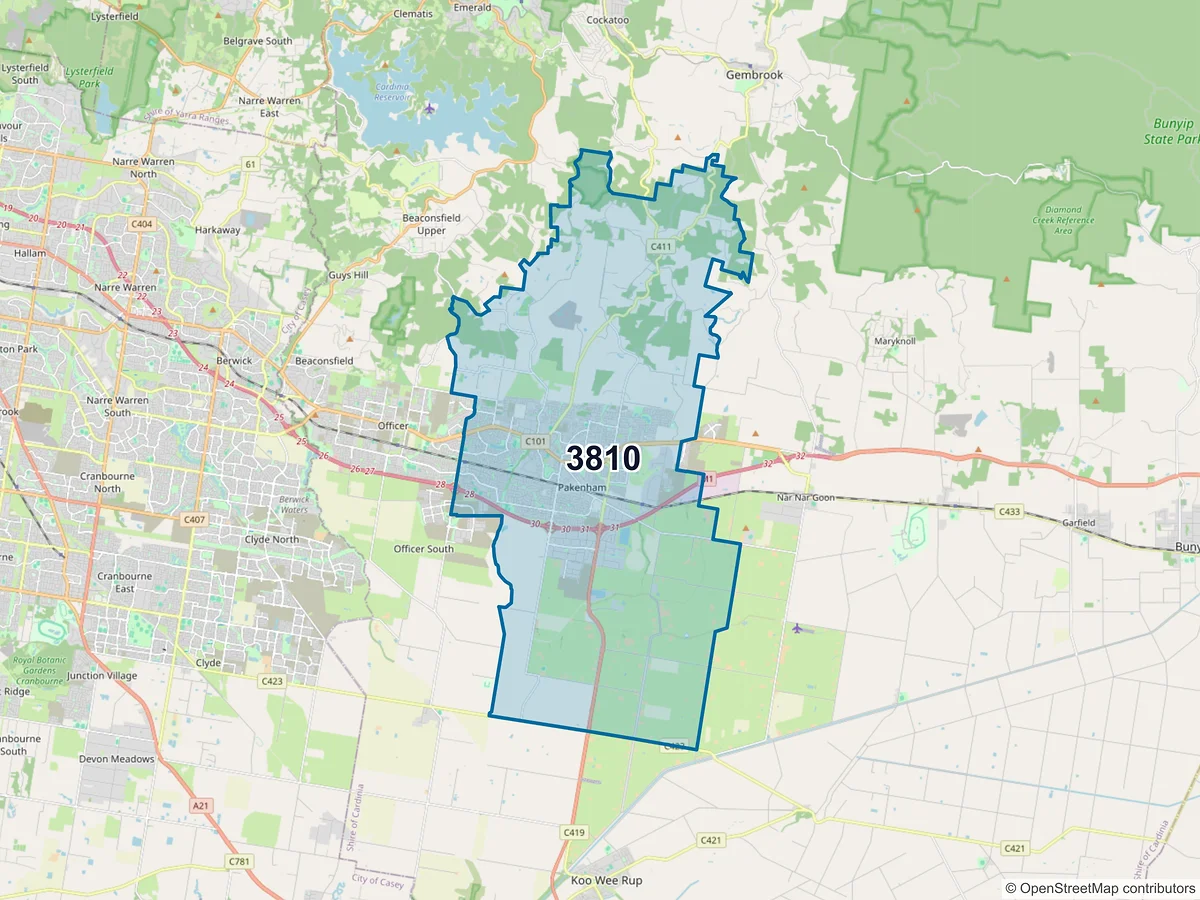 Map of postcode 3810 — Pakenham, VIC, Australia