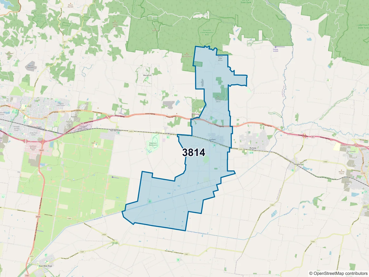 Map of postcode 3814 — Garfield, VIC, Australia