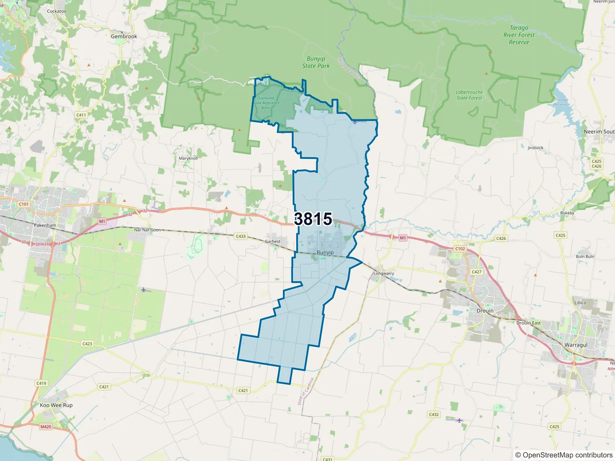 Map of postcode 3815 — Bunyip, VIC, Australia