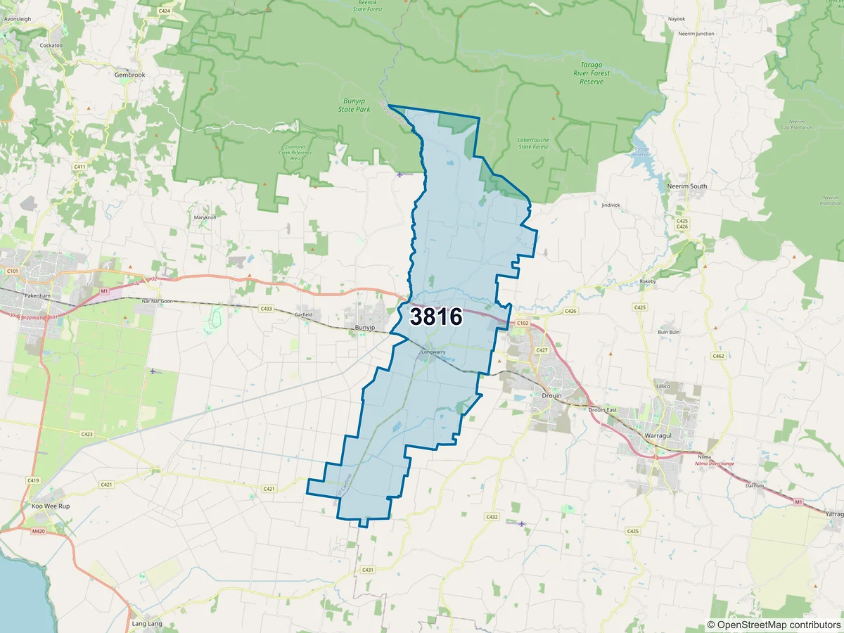 Map of postcode 3816 — Longwarry, VIC, Australia