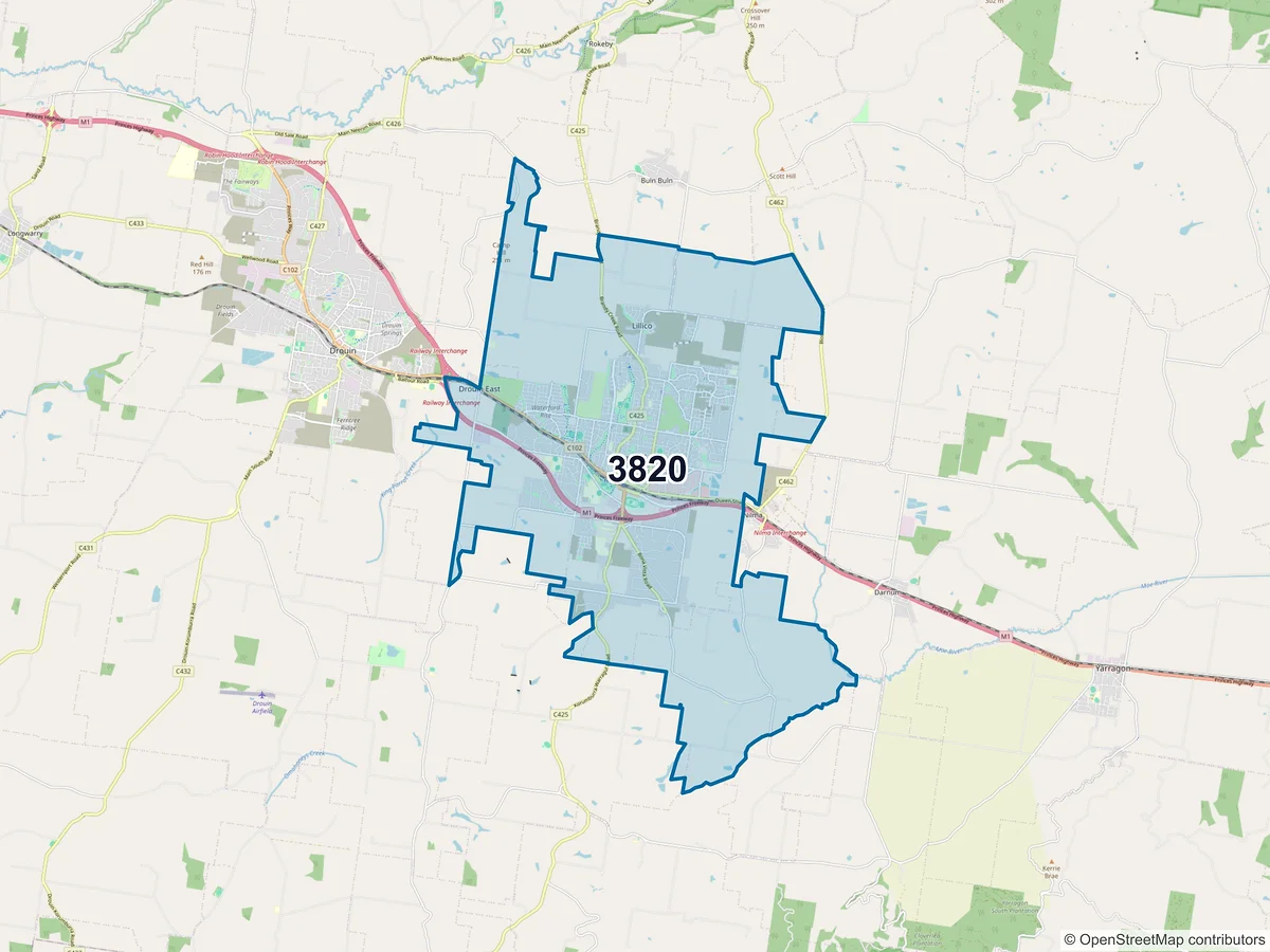 Map of postcode 3820 — Warragul, VIC, Australia