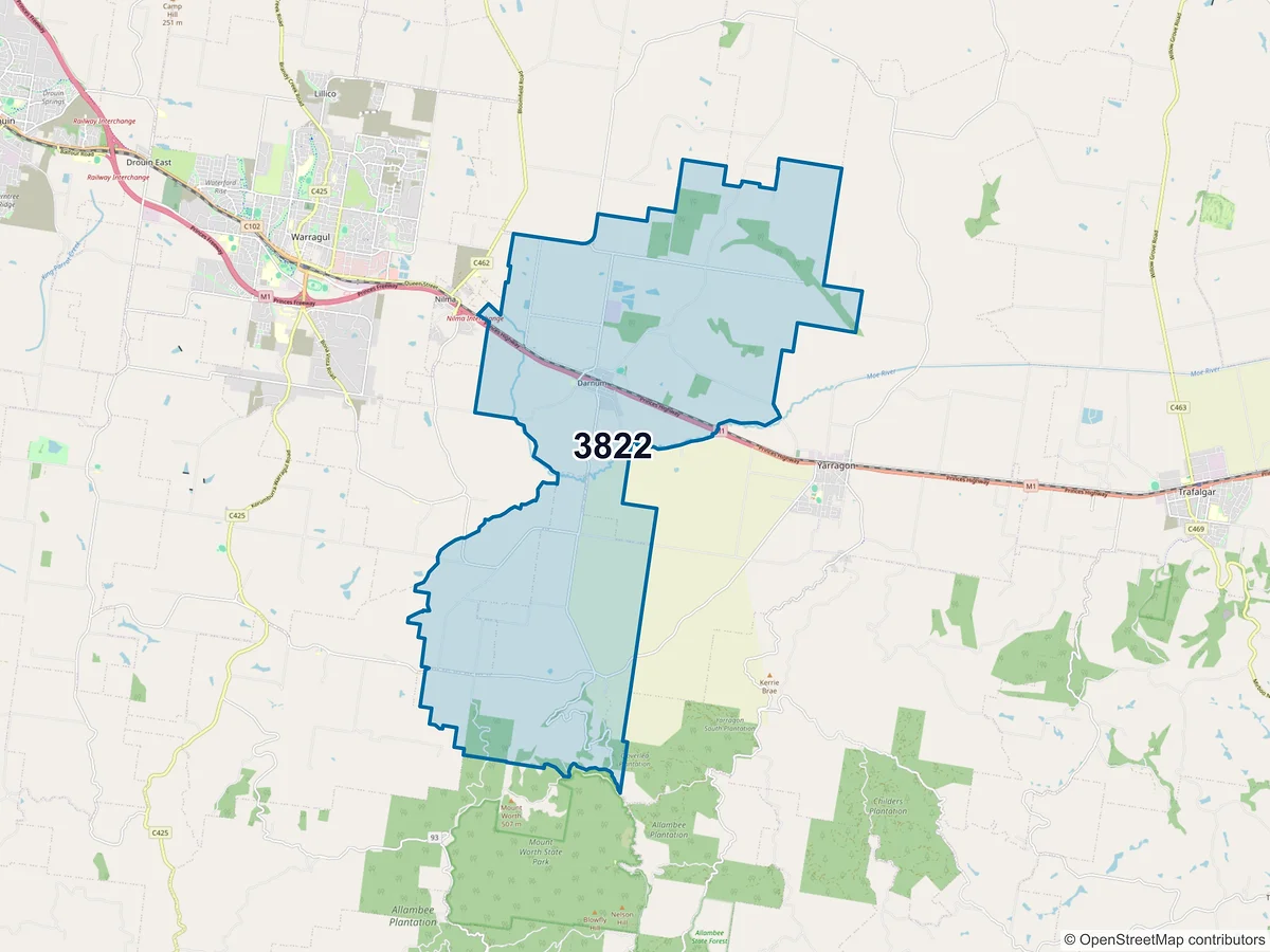 Map of postcode 3822 — Darnum, VIC, Australia