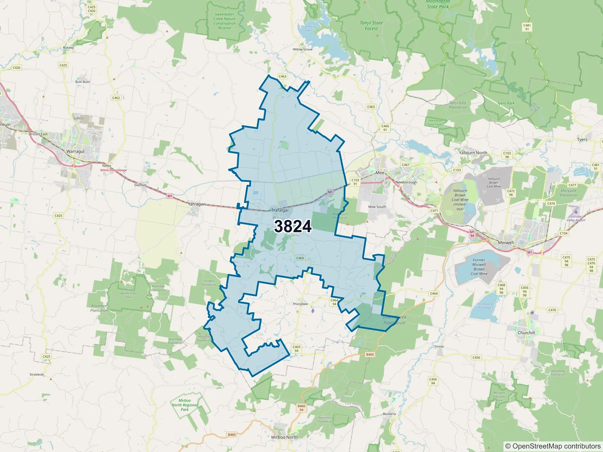 Map of postcode 3824 — Trafalgar, VIC, Australia