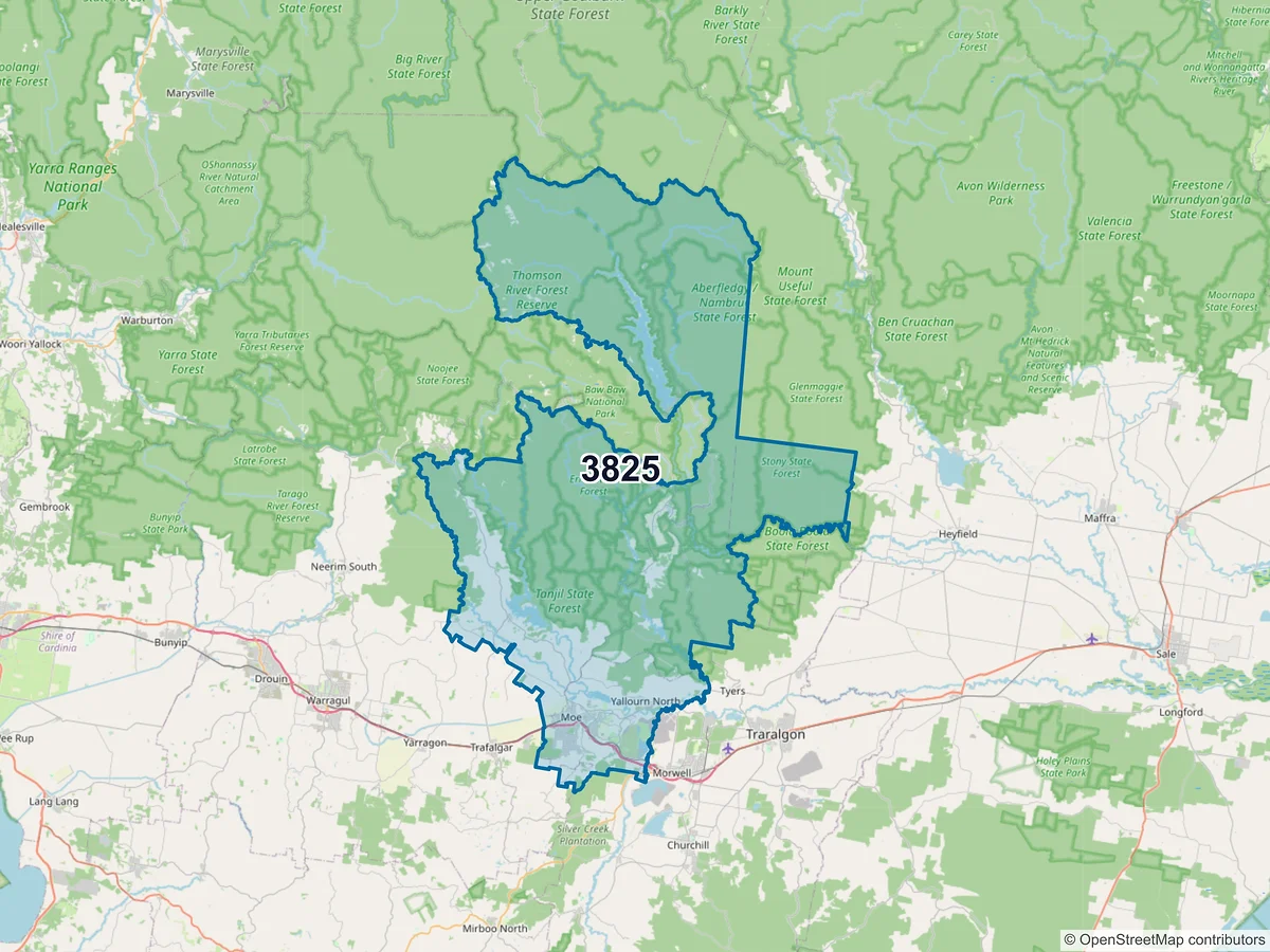 Map of postcode 3825 — Moe, VIC, Australia