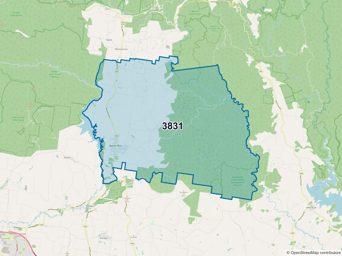Map of postcode 3831 — Neerim South, VIC, Australia
