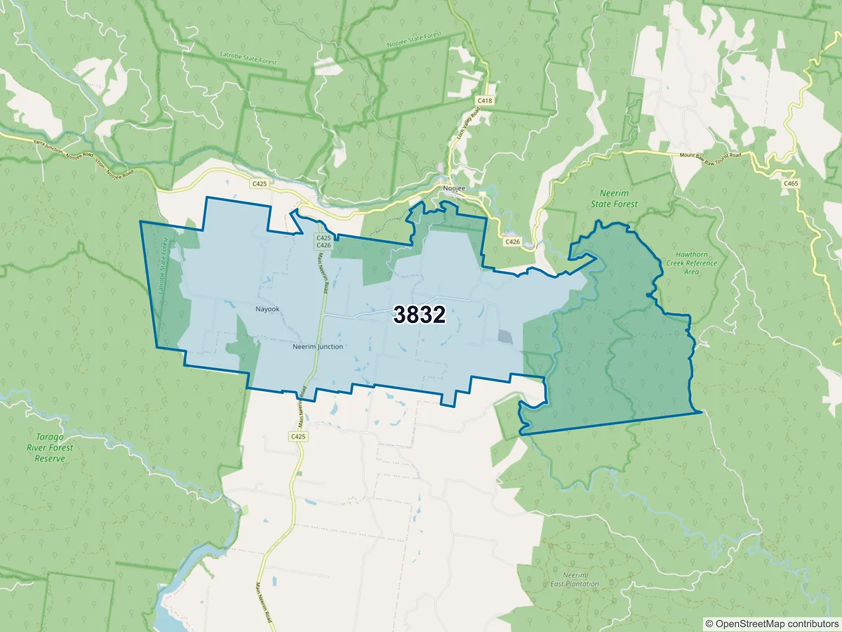 Map of postcode 3832 — Neerim Junction, VIC, Australia