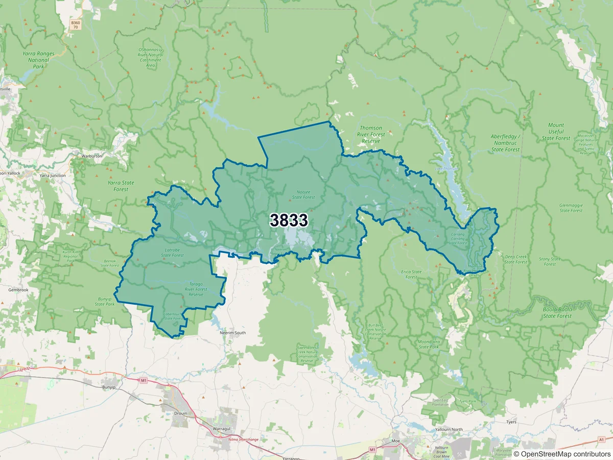 Map of postcode 3833 — Noojee, VIC, Australia