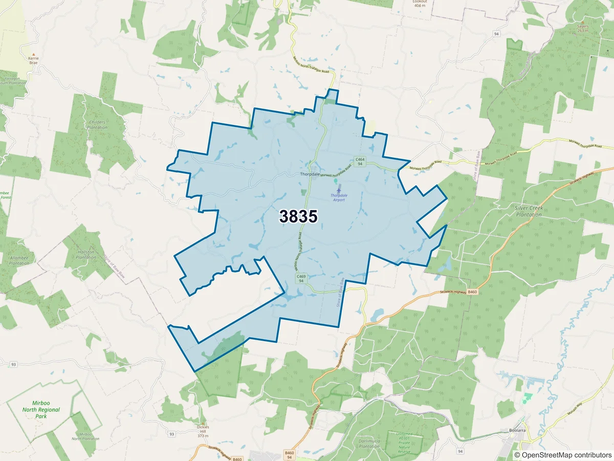 Map of postcode 3835 — Thorpdale, VIC, Australia