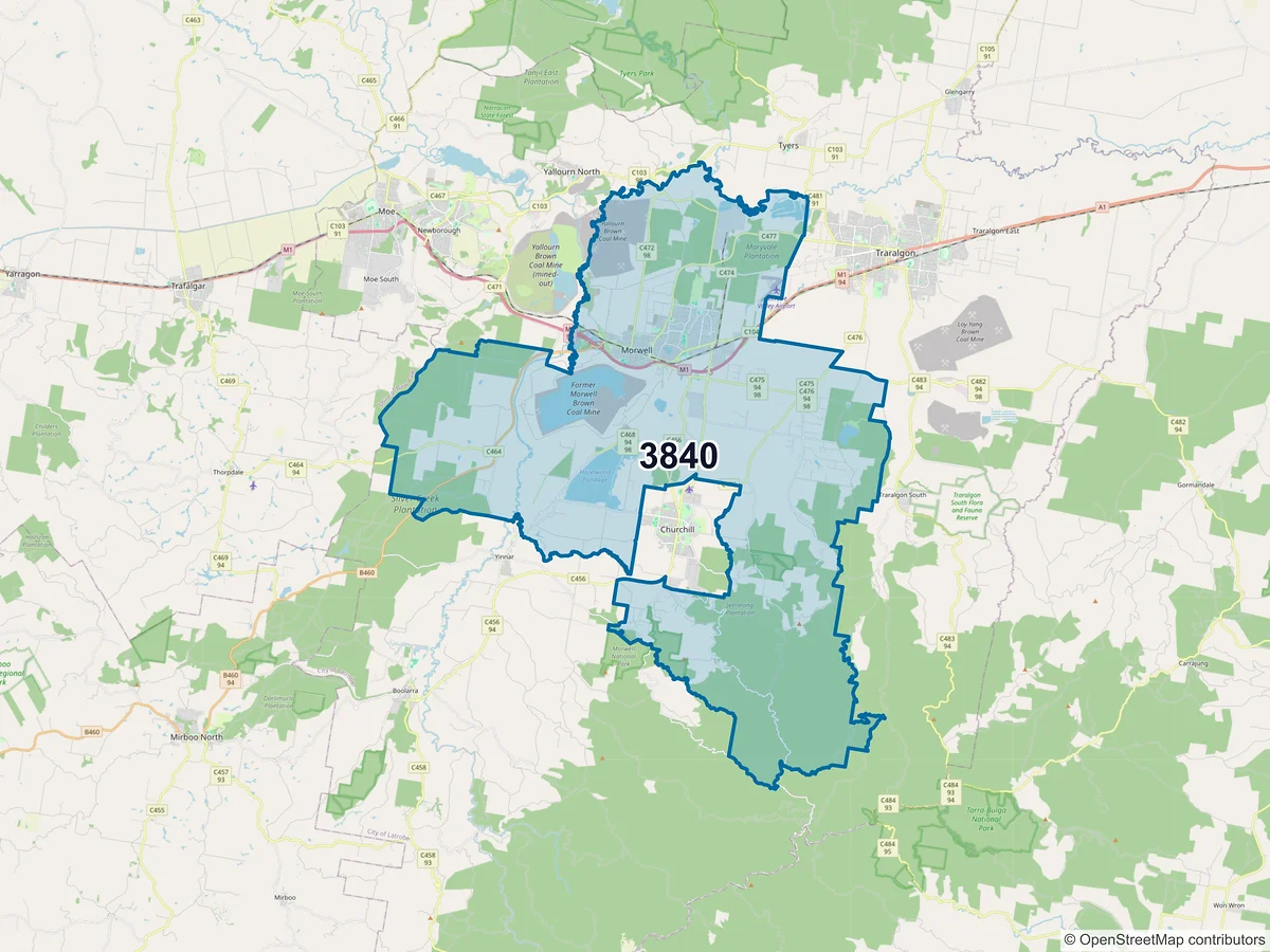 Map of postcode 3840 — Morwell, VIC, Australia