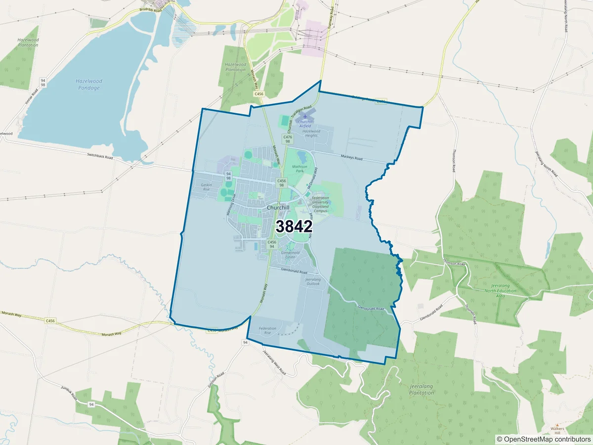 Map of postcode 3842 — Churchill, VIC, Australia