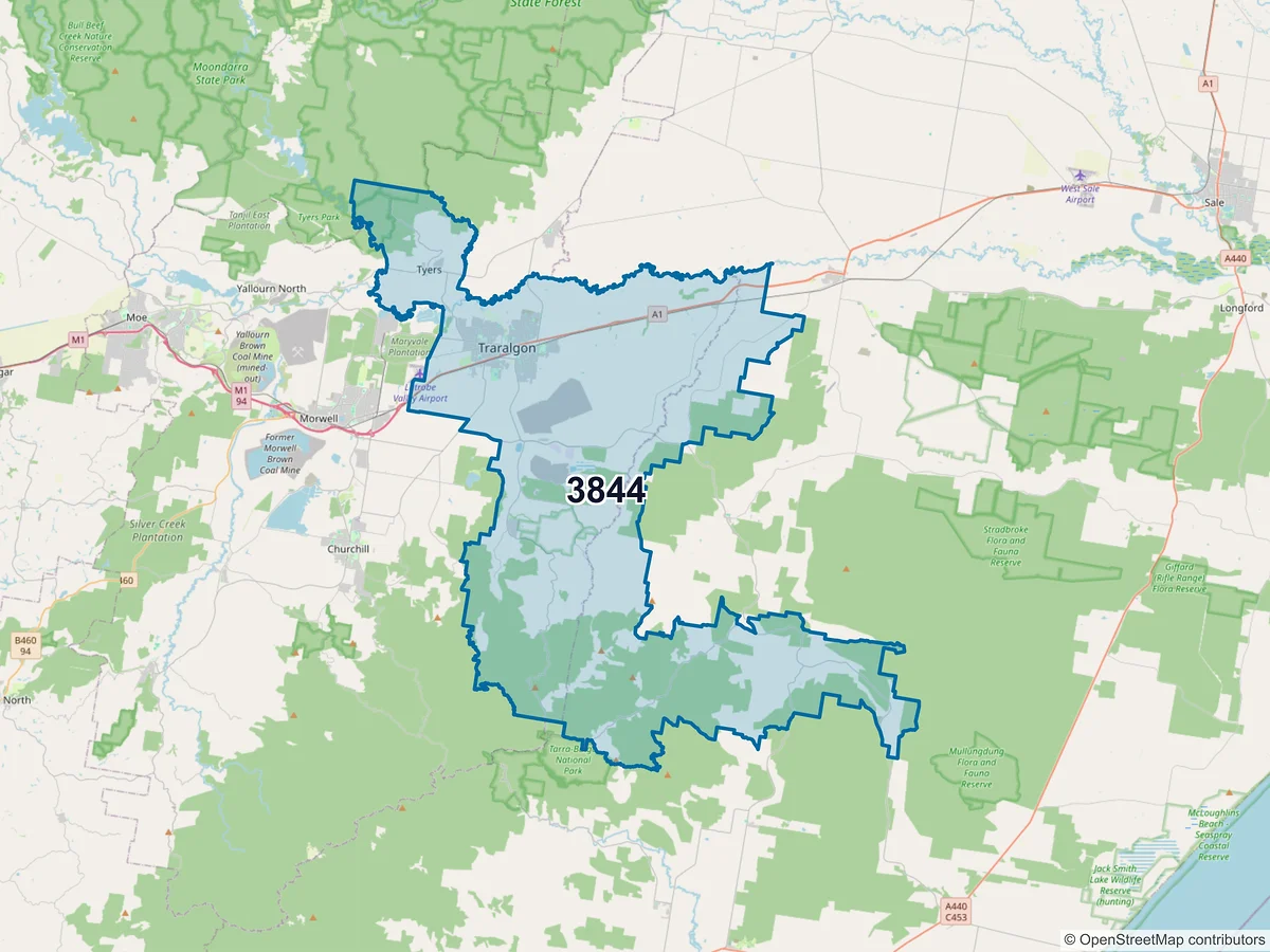 Map of postcode 3844 — Traralgon, VIC, Australia