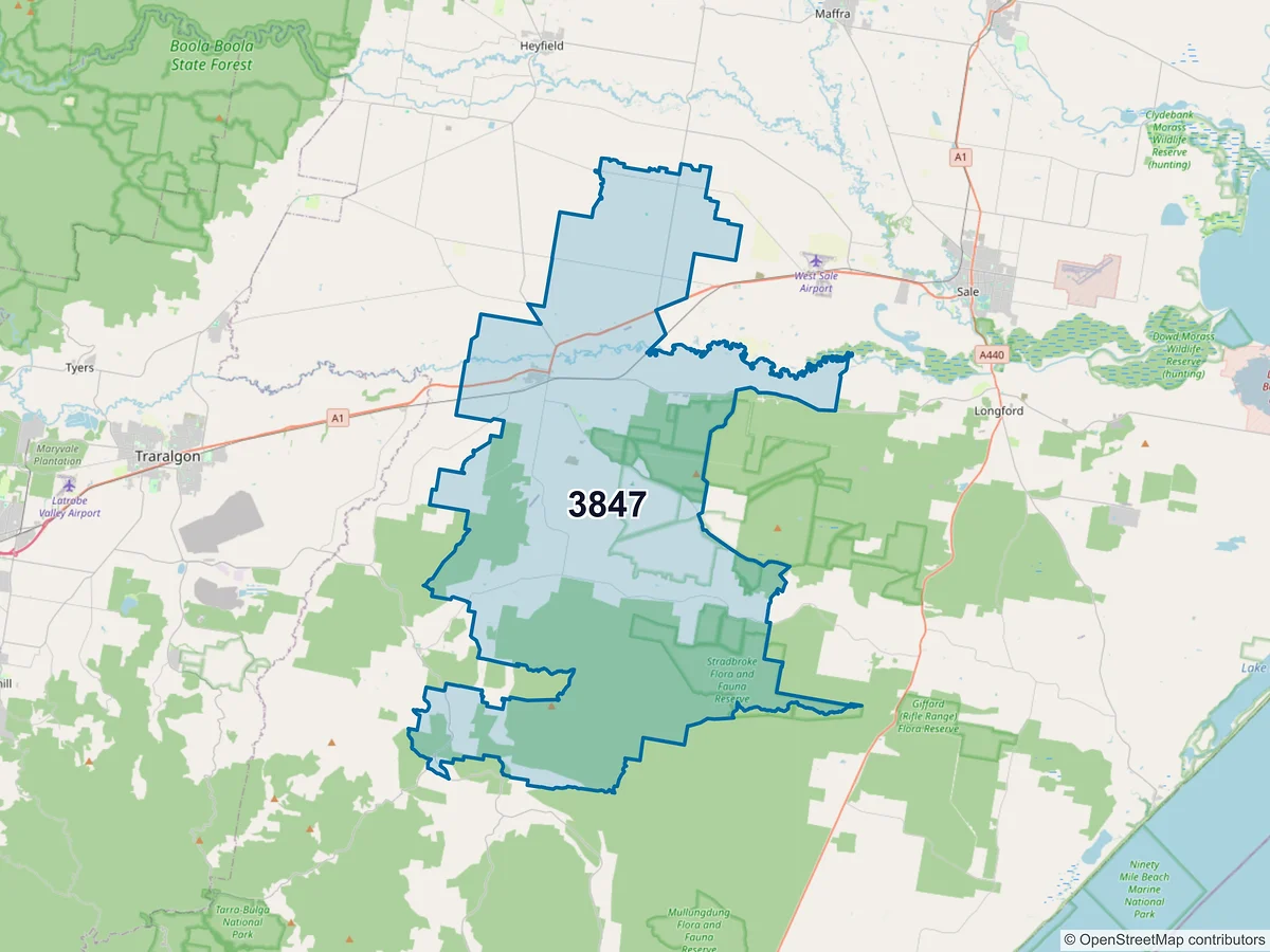 Map of postcode 3847 — Rosedale, VIC, Australia
