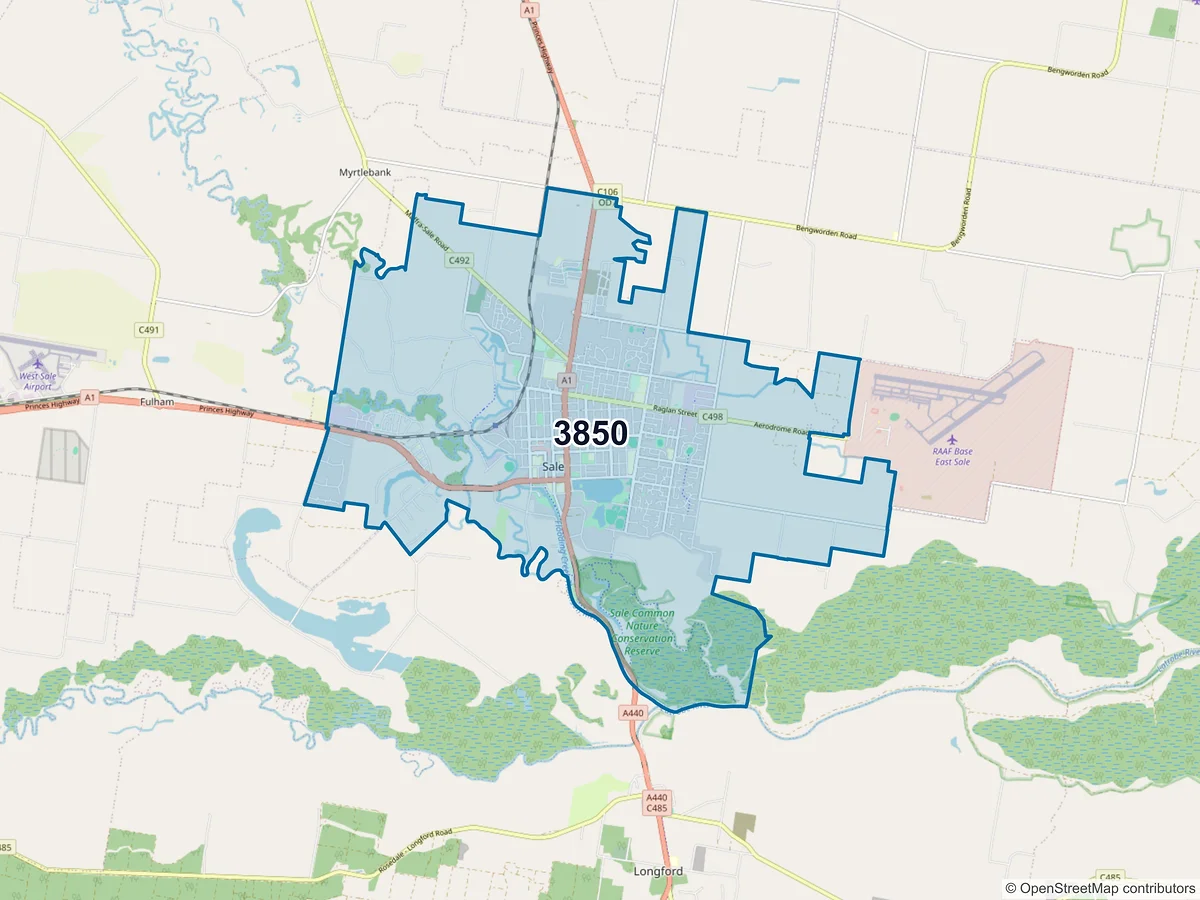 Map of postcode 3850 — Sale, VIC, Australia