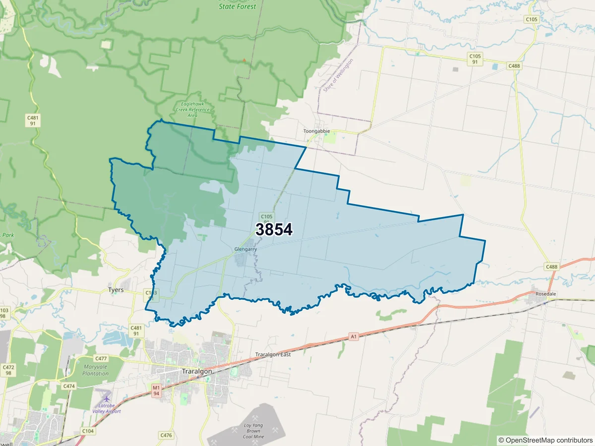 Map of postcode 3854 — Glengarry, VIC, Australia