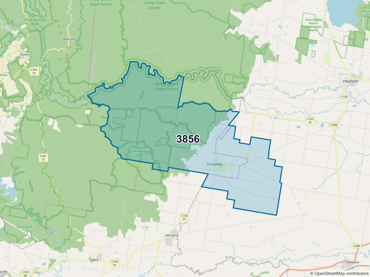 Map of postcode 3856 — Toongabbie, VIC, Australia