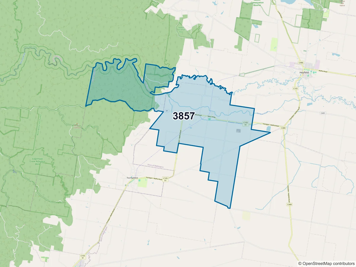 Map of postcode 3857 — Cowwarr, VIC, Australia