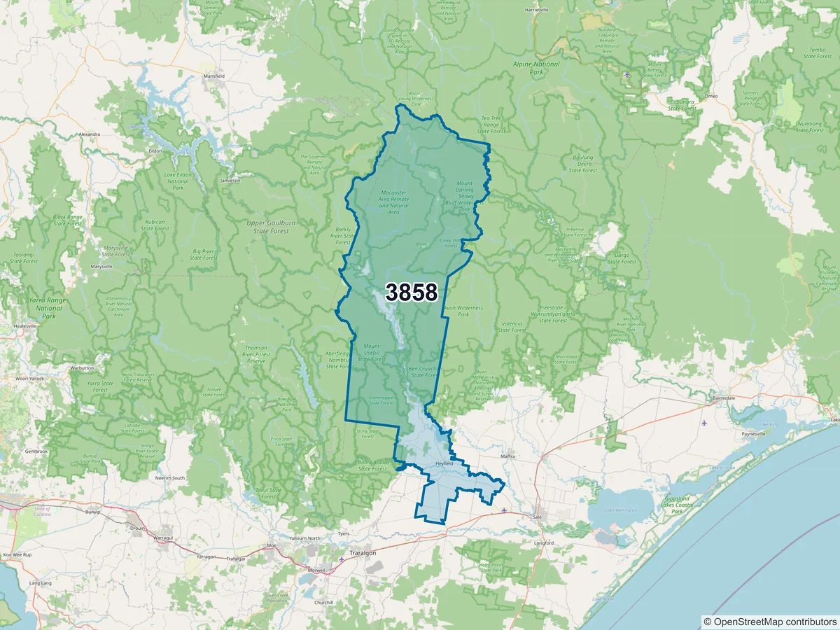 Map of postcode 3858 — Heyfield, VIC, Australia