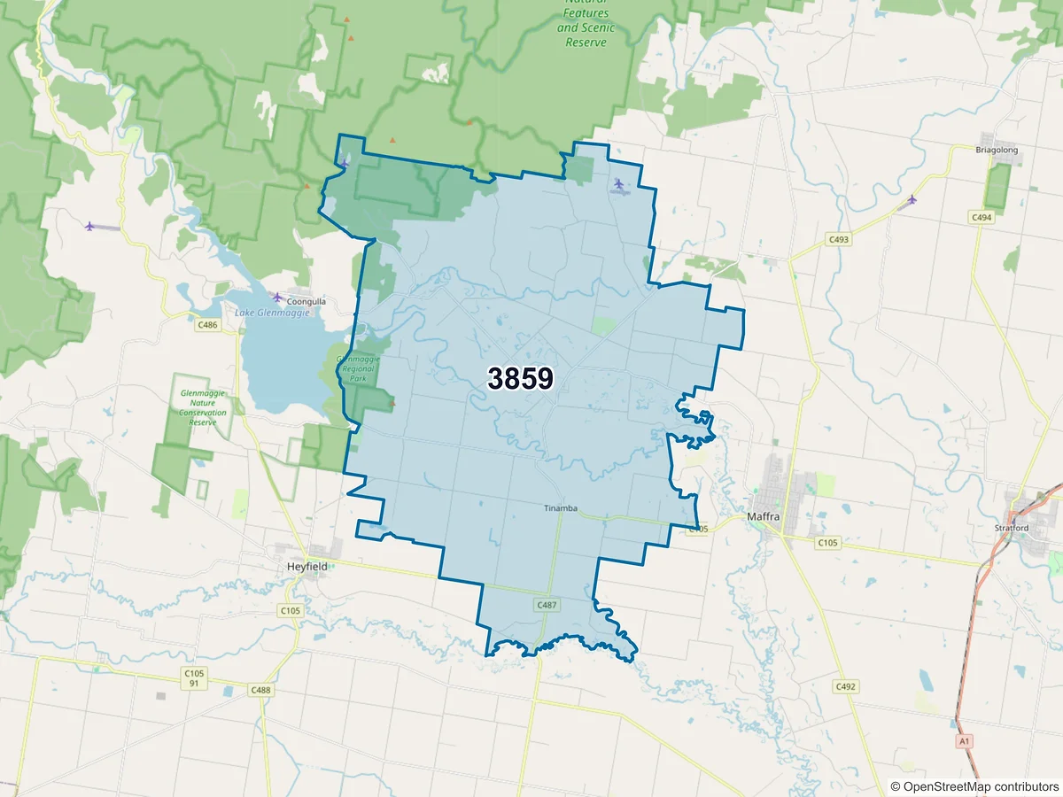 Map of postcode 3859 — Tinamba, VIC, Australia