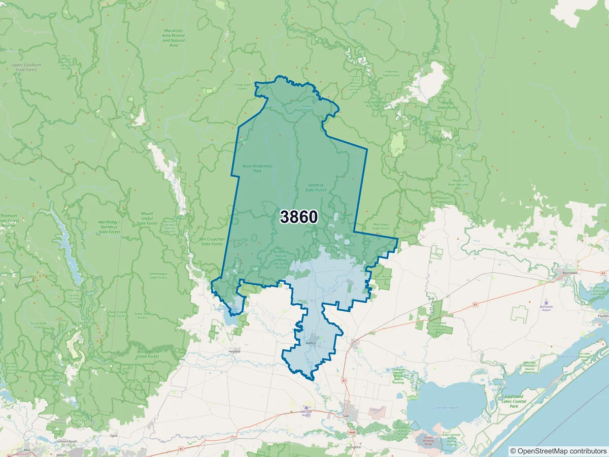 Map of postcode 3860 — Maffra, VIC, Australia