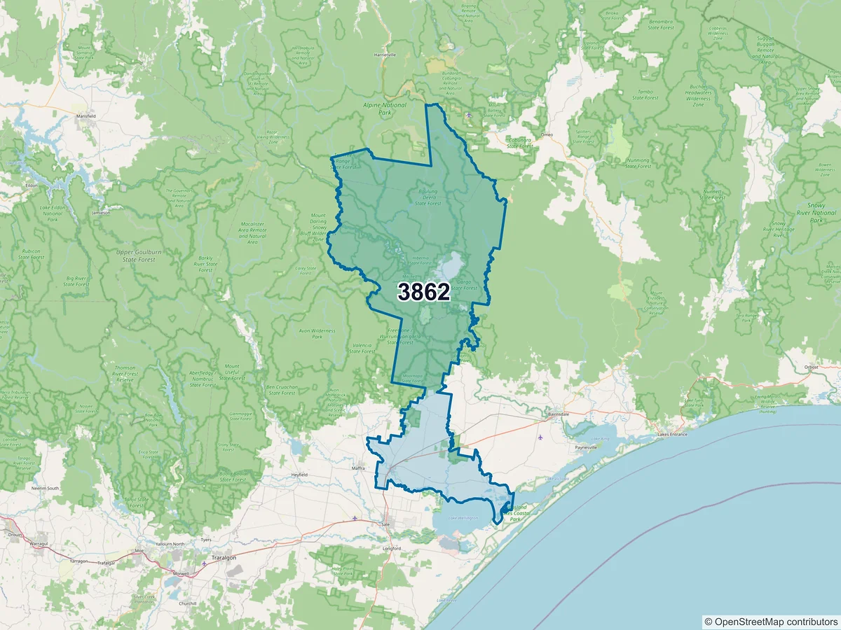 Map of postcode 3862 — Stratford, VIC, Australia