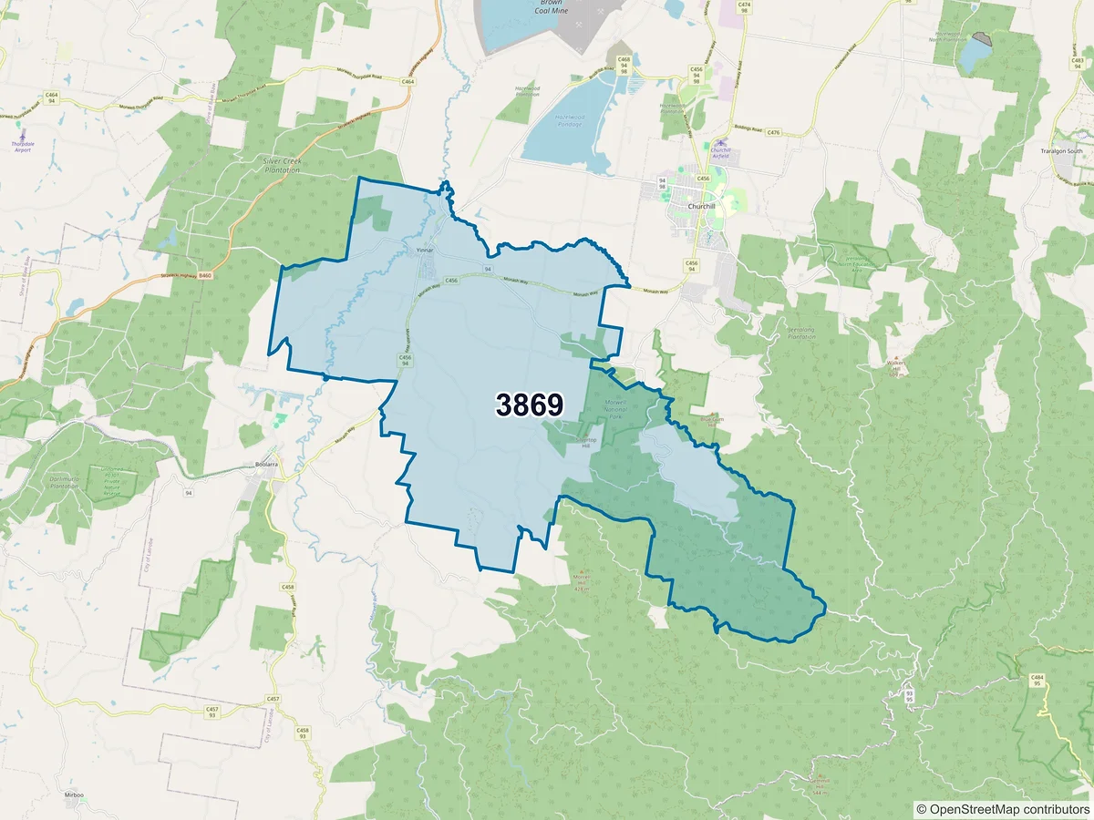 Map of postcode 3869 — Yinnar, VIC, Australia