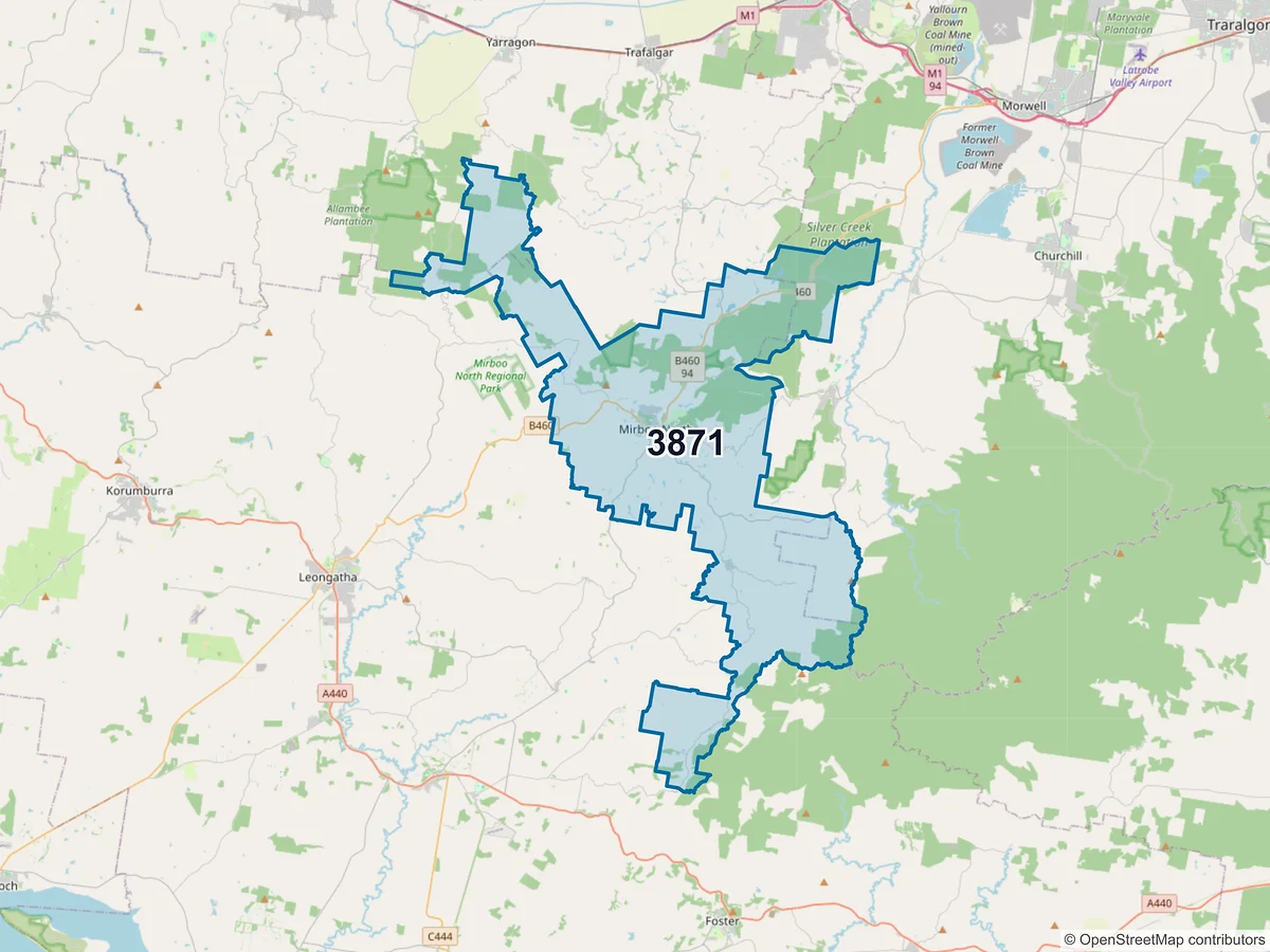 Map of postcode 3871 — Mirboo North, VIC, Australia