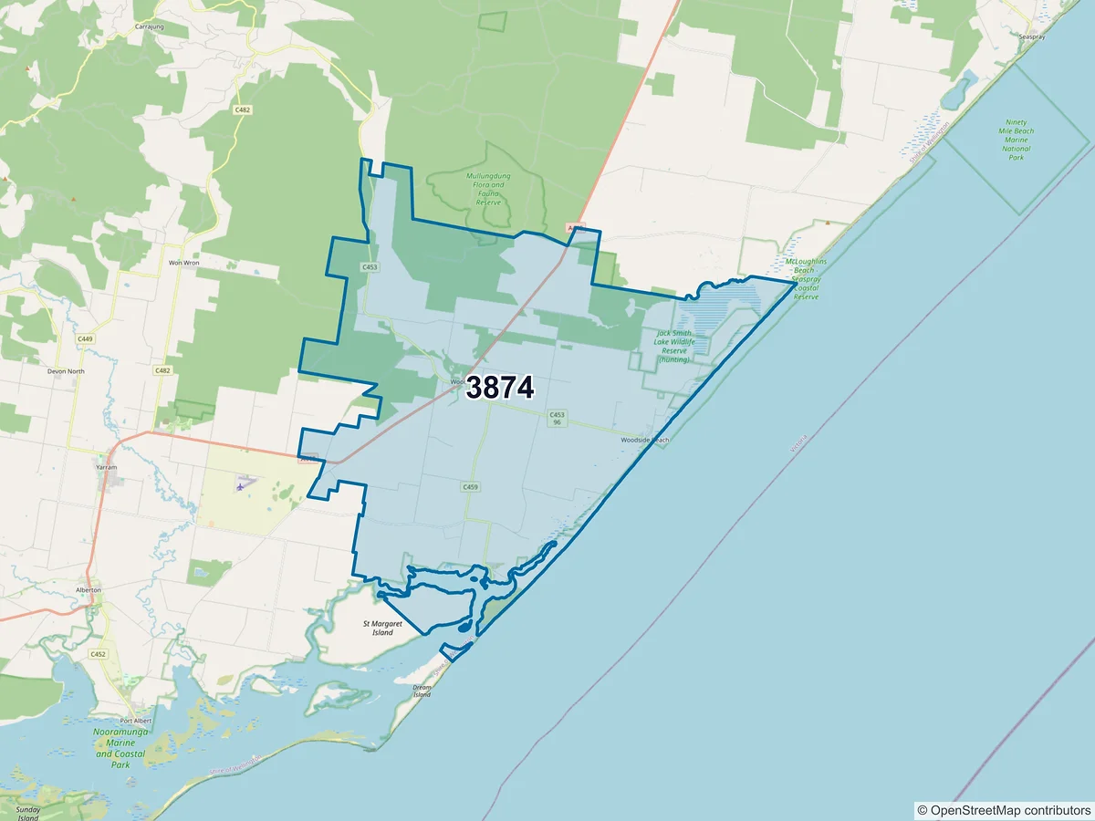 Map of postcode 3874 — Woodside, VIC, Australia