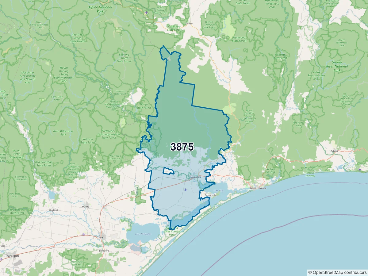Map of postcode 3875 — Bairnsdale, VIC, Australia