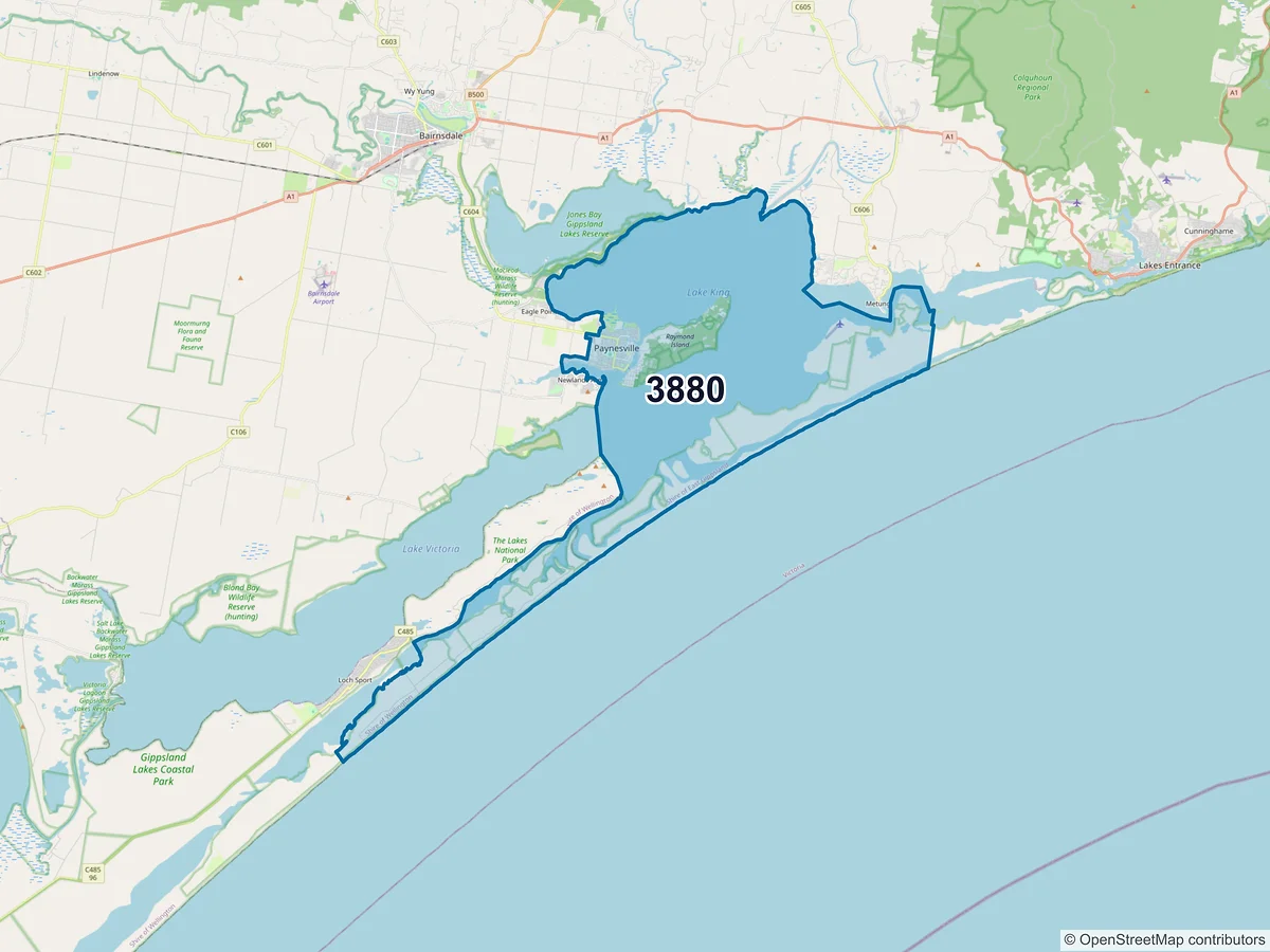 Map of postcode 3880 — Paynesville, VIC, Australia
