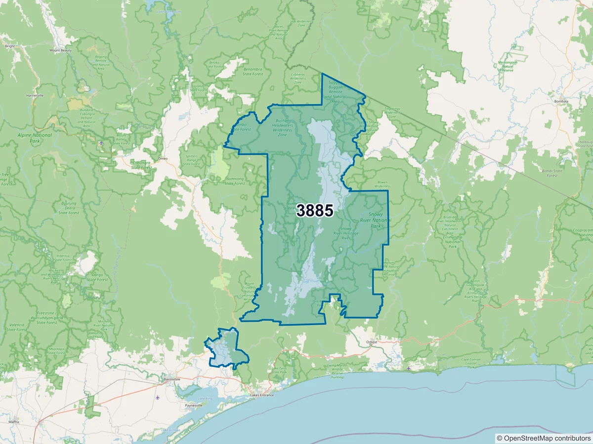 Map of postcode 3885 — Bruthen, VIC, Australia