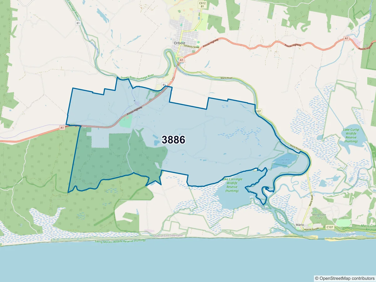 Map of postcode 3886 — Newmerella, VIC, Australia