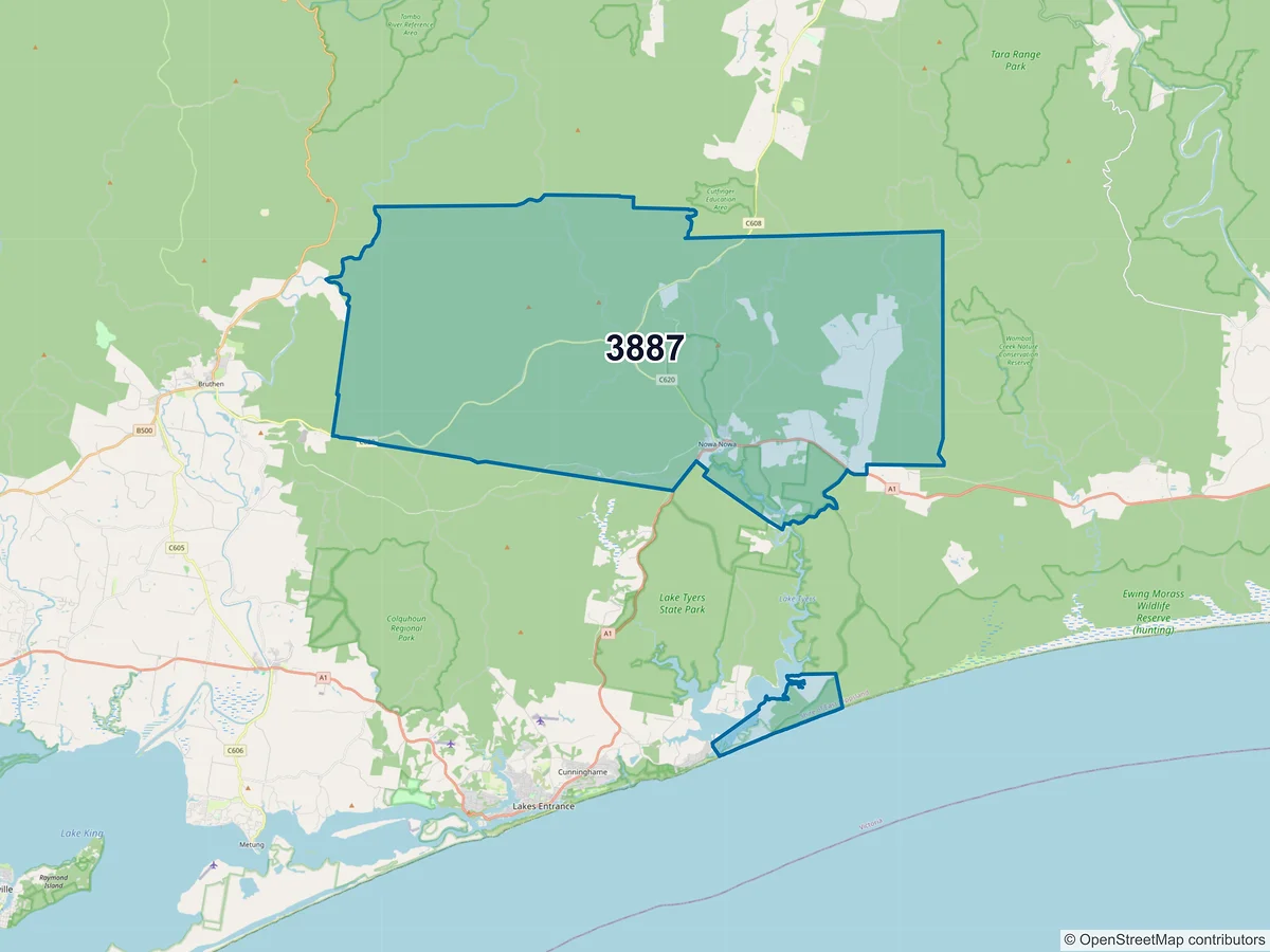 Map of postcode 3887 — Nowa Nowa, VIC, Australia