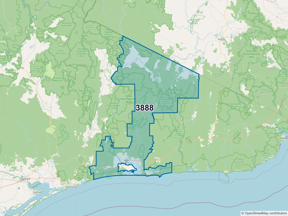 Map of postcode 3888 — Orbost, VIC, Australia