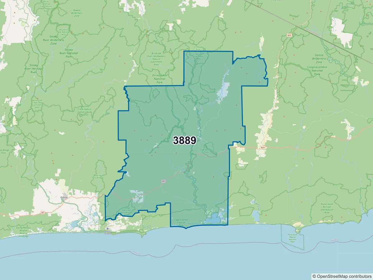 Map of postcode 3889 — Bemm River, VIC, Australia