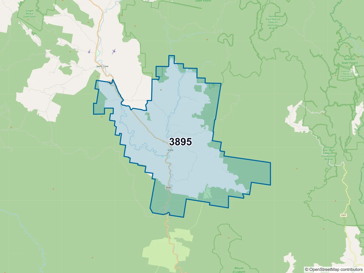 Map of postcode 3895 — Ensay, VIC, Australia