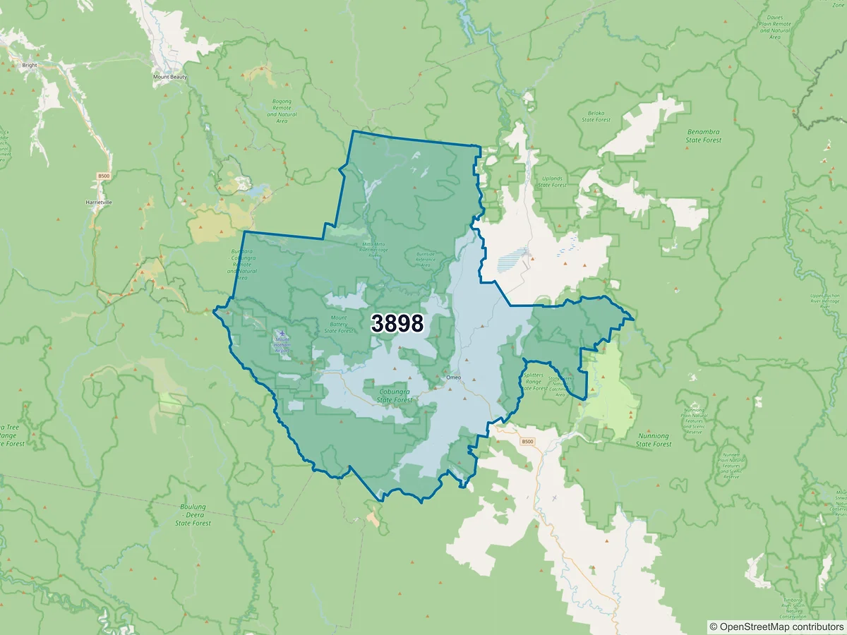 Map of postcode 3898 — Omeo, VIC, Australia