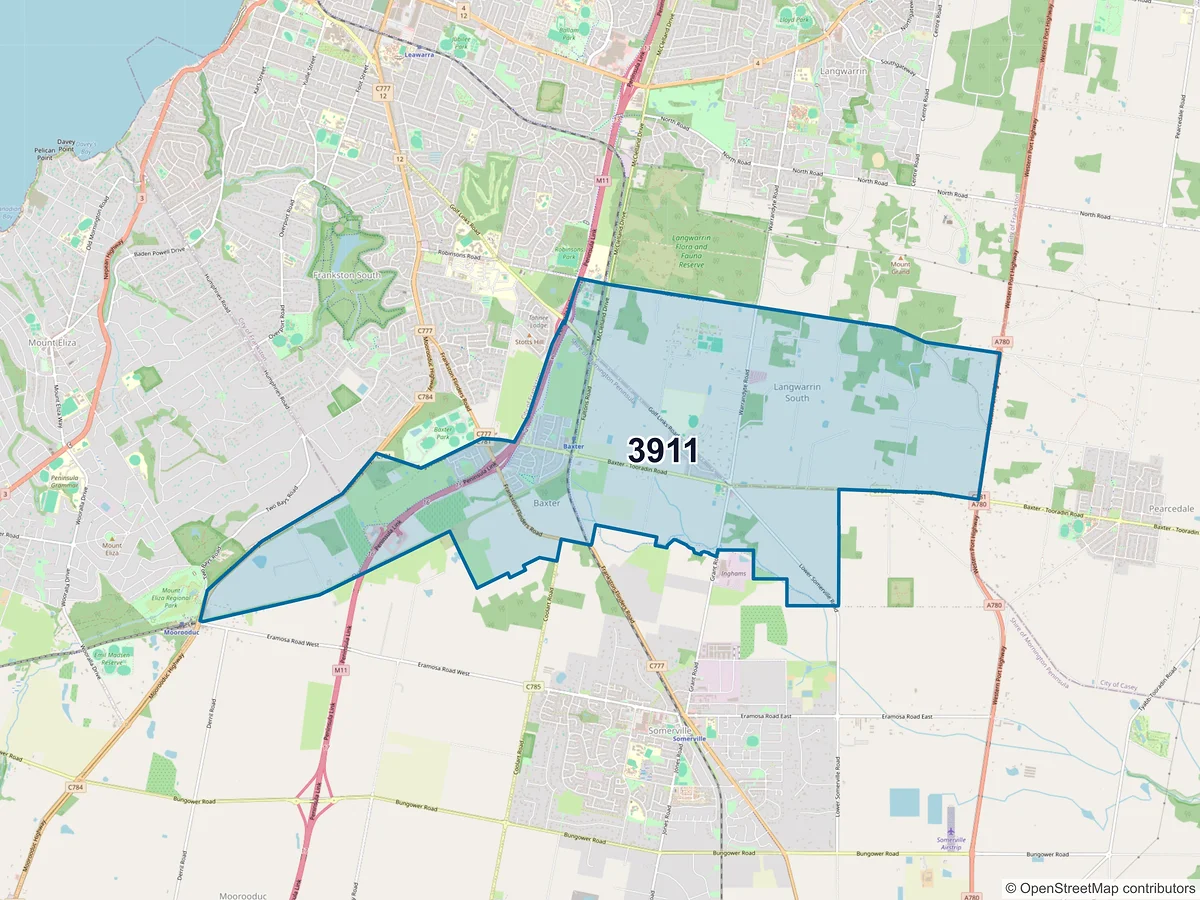 Map of postcode 3911 — Baxter, VIC, Australia