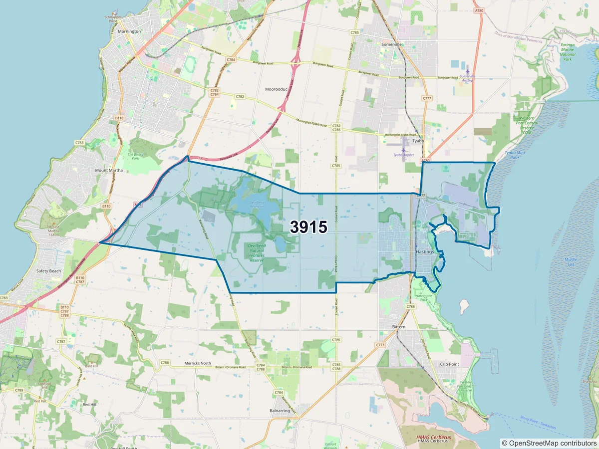 Map of postcode 3915 — Hastings, VIC, Australia