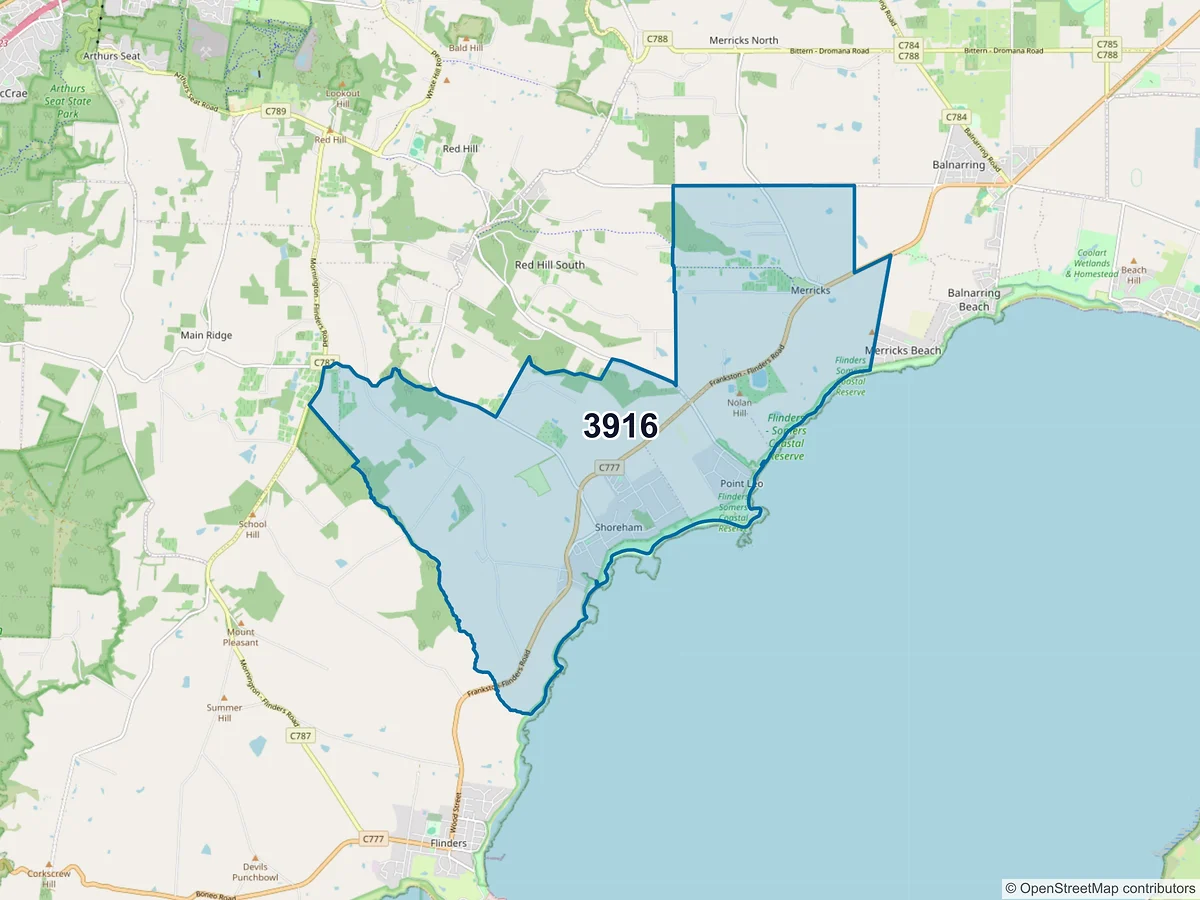 Map of postcode 3916 — Shoreham, VIC, Australia