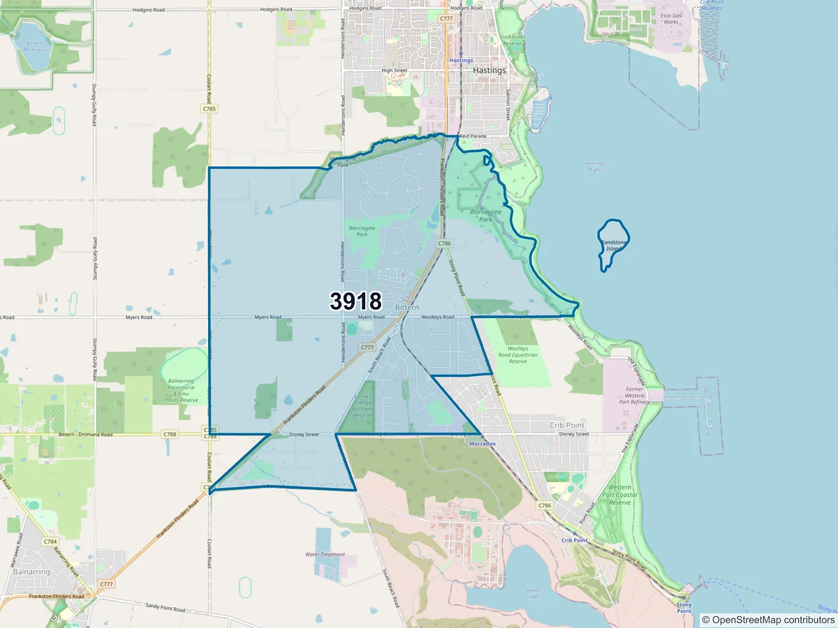 Map of postcode 3918 — Bittern, VIC, Australia